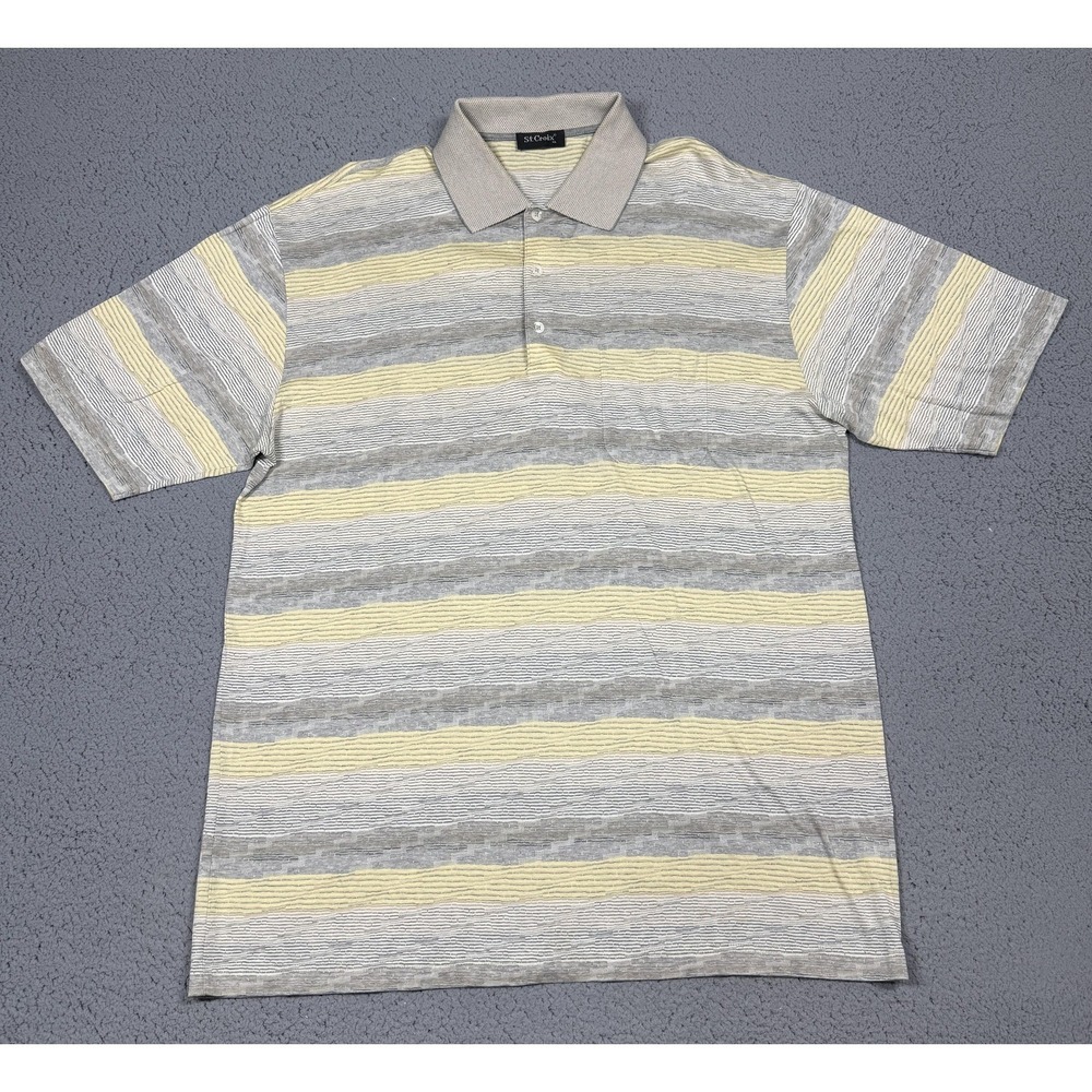 St. Croix Polo Shirt Mens XL Gray Yellow Stripe Mercerized Cotton Knit Casual